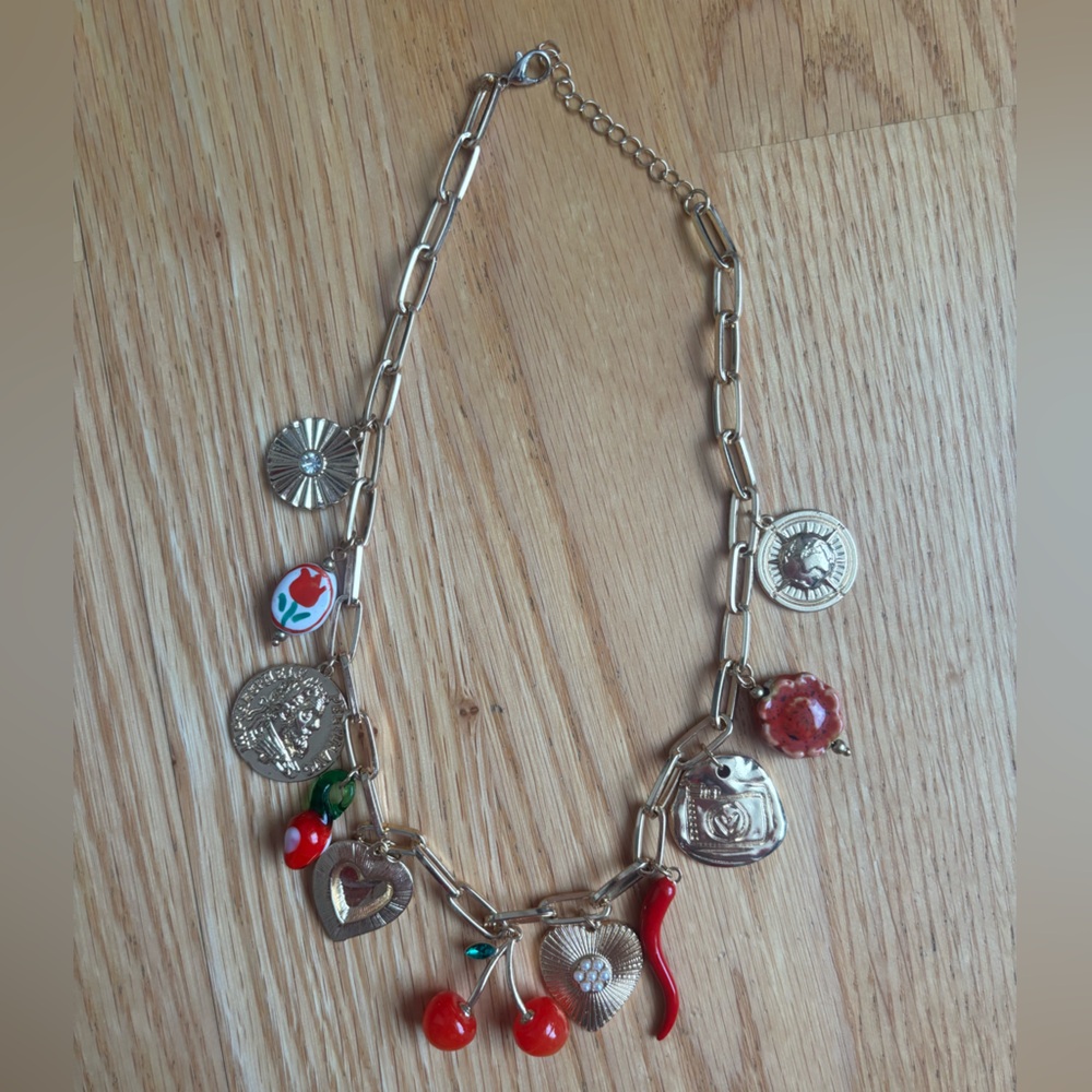 Handmade Gold Charm Necklace with Red Accents